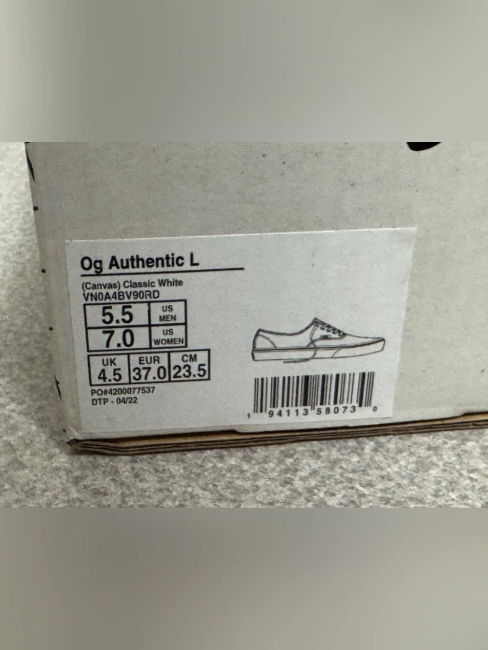 Vans Og Authentic L Canvas Classic White Size 5.5 Men/ 7 Women